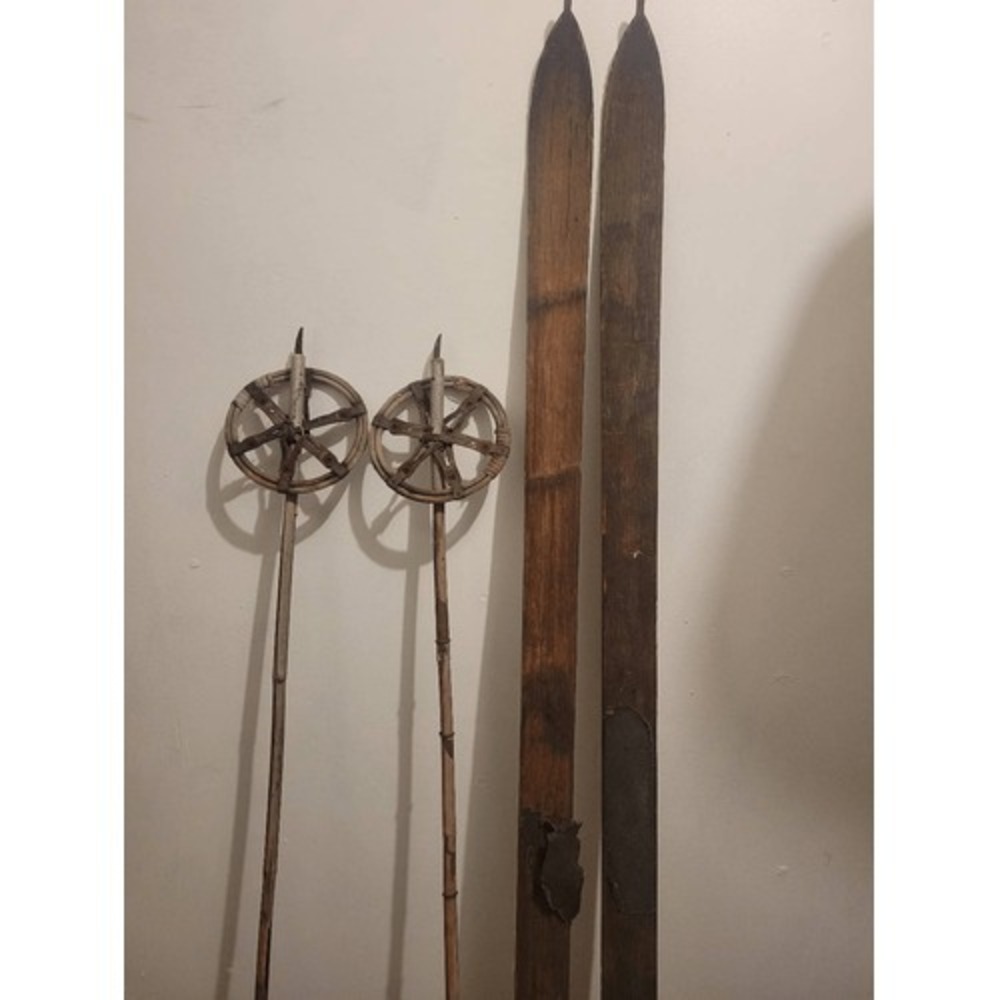 Skis Antique Wooden Downhill skis and ski poles  Perfect for Cabin lodge decor